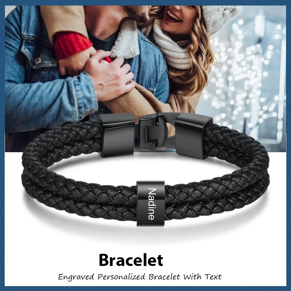 Men Leather Braided Bracelet-Personalized Braided Leather Bracelet Engraved 5 Names Men's Bracelet Gifts For Him